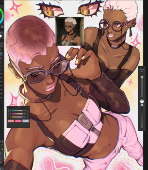 1girl alternate_hair_color art_program_in_frame asieybarbie choker crop_top dark-skinned_female dark_skin detached_sleeves expressionless eyelashes eyewear_strap fingernails gachiakuta glasses highres lipstick looking_at_viewer makeup multiple_views nail_polish navel pants pink_hair pink_lips reference_inset round_eyewear screenshot_inset semiu_grier short_hair smile user_interface very_dark_skin very_short_hair white_hair white_lips yellow_eyes yellow_nails