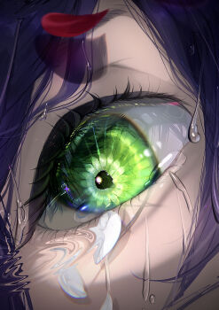 Rule 34 | 1girl, absurdres, chainsaw man, close-up, denji (chainsaw man), eye focus, eye reflection, eyelashes, falling petals, green eyes, hair between eyes, highres, looking at viewer, mira hidume, petals, purple hair, red petals, reflection, reze (chainsaw man), shadow, water drop, white petals