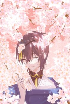 1boy absurdres black_hair blue_robe branch cherry_blossoms chinese_commentary closed_eyes closed_mouth flower hair_between_eyes hair_ornament hand_up highres holding holding_flower japanese_clothes kariginu kimono light_smile male_focus mikazuki_munechika mohexi459 neck_tassel pink_flower portrait robe short_hair single_sidelock solo tassel tassel_hair_ornament touken_ranbu white_kimono wide_sleeves