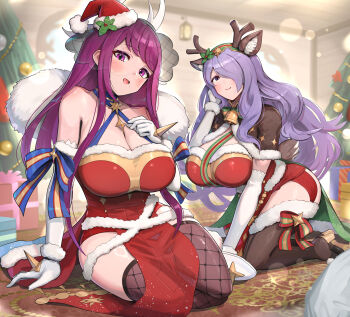 2girls :d absurdres adjusting_hair animal_ears antlers bare_shoulders blush breasts brown_capelet camilla_(fire_emblem) camilla_(flurry_embrace)_(fire_emblem) capelet cleavage closed_mouth collarbone commentary_request deer_ears dress elbow_gloves fake_animal_ears fake_antlers fire_emblem fire_emblem_engage fire_emblem_fates fire_emblem_heroes fur-trimmed_capelet fur-trimmed_dress fur_trim gloves gonzarez hair_over_one_eye hand_on_own_chest hand_up hat headband heart highres horns huge_breasts ivy_(fire_emblem) ivy_(flurry_embrace)_(fire_emblem) long_hair looking_at_viewer mole mole_under_mouth multiple_girls nintendo official_alternate_costume open_mouth purple_eyes purple_hair red_dress reindeer_antlers santa_costume santa_dress santa_hat see-through_clothes see-through_veil simple_background skindentation smile solo thick_thighs thighhighs thighs veil very_long_hair wavy_hair white_background white_gloves