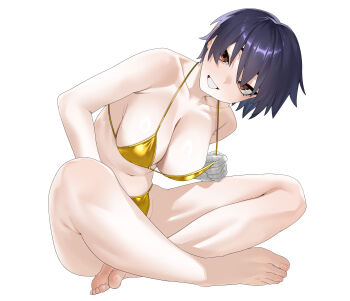 1girl :d absurdres adjusting_strap armpit_crease arril100 bandaged_arm bandages barefoot bikini breasts brown_eyes cleavage collarbone gold_bikini groin hair_over_eyes halterneck head_tilt highres holding_strap indian_style kanbaru_suruga large_breasts leaning_forward light_blush midriff monogatari_(series) naughty_face navel on_ground open_mouth parted_lips purple_hair short_hair simple_background sitting smile solo strap_gap string_bikini swimsuit toes tomboy very_short_hair white_background
