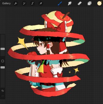 1girl apple apple_peel ascot bow brown_eyes brown_hair commentary cropped_torso detached_sleeves food frills from_side fruit hair_bow hair_tubes hakurei_reimu hashtag-only_commentary highres holding holding_food holding_fruit long_hair looking_ahead midriff_peek navel open_mouth red_bow red_shirt red_skirt scabbards shirt skirt sleeveless sleeveless_shirt solo star_(symbol) symbol-only_commentary touhou upper_body user_interface white_sleeves yellow_ascot