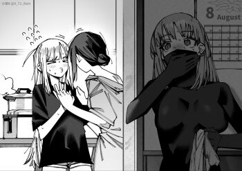 >_< 3girls ahoge ayatsumugi_roka bodysuit calendar_(object) cho_kaguya-hime! commentary_request cooking_pot covering_own_mouth flying_sweatdrops greyscale hair_bun hand_over_own_mouth hiding highres holding holding_hands holding_panties holding_underwear holding_unworn_clothes imminent_kiss interlocked_fingers kaguya_(cho_kaguya-hime!) monochrome multiple_girls panties puckered_lips revision sakayori_iroha short_sleeves shorts single_hair_bun steam sweat twitter_username underwear xiaoju_xiaojie yuri