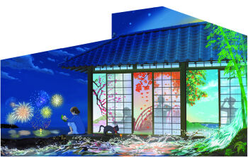 1girl absurdres aerial_fireworks animal autumn_leaves bamboo bird black_cat blue_pants blue_shirt book brown_hair building cat cherry_blossoms cloud commentary_request falling_leaves fireworks from_side fruit_tree hair_bun highres holding holding_book horizon knee_up leaf long_sleeves night night_sky ocean open_book original outdoors pants portal_(object) reading santo_moco scenery shirt shouji silhouette single_hair_bun sitting sky sliding_doors splashing star_(sky) starry_sky surreal tree water wide_shot