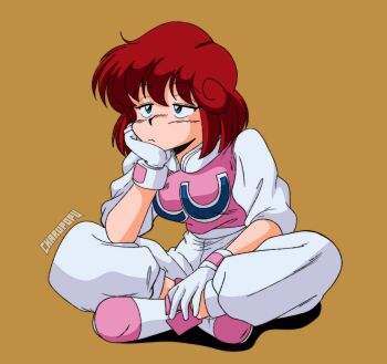 Rule 34 | 1girl, artist logo, artist name, blue eyes, bored, breasts, brown background, charupopu, commentary, cowlick, english commentary, frown, full body, gloves, hand on own ankle, hand on own chin, head rest, highres, indian style, jitome, leaning forward, logo, looking ahead, medium breasts, medium hair, multicolored shoes, pants, pastel (twinbee), pink shirt, pink shoes, print shirt, red hair, shirt, shoes, short sleeves, simple background, sitting, solo, twinbee, two-tone shirt, two-tone shoes, white gloves, white pants, white shirt, white shoes