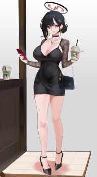 1girl absurdres alternate_costume bag black_choker black_hair black_halo blue_archive breasts bright_pupils choker cleavage commentary cup dongtan_dress dress english_commentary full_body hair_ornament hairclip halo handbag highres holding holding_cup holding_phone large_breasts leon_kunisagi multicolored_halo pencil_dress phone red_eyes ringed_eyes rio_(blue_archive) solo taut_clothes taut_dress tight_clothes tight_dress two-tone_halo white_pupils