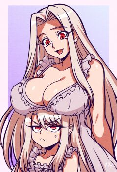 2girls absurdres anger_vein border breast_envy breast_rest breasts breasts_on_head cleavage commentary english_commentary fate/zero fate_(series) highres illyasviel_von_einzbern irisviel_von_einzbern itakeabite large_breasts long_hair mother_and_child mother_and_daughter multiple_girls nightgown open_mouth parent_and_child red_eyes simple_background smile very_long_hair white_border white_hair white_nightgown