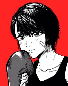 Rule 34 | 1girl, bandaid, bandaid on cheek, bandaid on face, bandaid on nose, boxing gloves, collarbone, commentary request, greyscale with colored background, hatching (texture), highres, lee (dragon garou), military vehicle, motor vehicle, original, parted lips, portrait, red background, saturated background, serious, short hair, solo, tank, v-shaped eyebrows