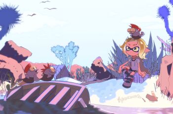 1girl aloe_(plant) amawashi_(1004) animal artist_name bike_shorts bird blue_sky boat boots box brown_cape bulging_eyes cactus cape cloud colored_sclera day desert full_body inkling inkling_girl inkling_player_character java_sparrow joshua_tree nature nintendo on_head orange_hair outdoors pointy_ears rock salmonid sand shirt short_hair short_sleeves single_tooth single_vertical_stripe sitting sky sleeping smallfry_(splatoon) sparrow splatoon_(series) splatoon_3 t-shirt tentacle_hair tree water watercraft white_shirt wooden_box yellow_eyes yellow_sclera