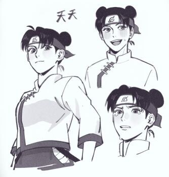 1girl blush breasts character_name chinese_clothes commentary crying double_bun english_commentary forehead_protector greyscale hair_bun headband il1023il konohagakure_symbol medium_breasts monochrome multiple_expressions naruto_(series) naruto_shippuuden open_mouth sideways_glance tangzhuang tears tenten_(naruto)