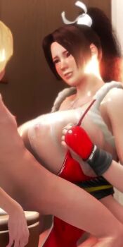1boy 1girl 3d age_difference animated bare_hips bare_shoulders breasts breasts_out brown_eyes brown_hair clothes_pull cowboy_shot cum cum_on_body cum_on_breasts cum_on_upper_body dress dress_pull fingerless_gloves gloves grabbing_own_breast grin hetero lips long_hair looking_at_another matching_hair/eyes nipples nose okada3d onee-shota paizuri pelvic_curtain penis ponytail red_gloves shiranui_mai shota size_difference sleeveless sleeveless_dress smile snk solo_focus tagme teeth the_king_of_fighters uncensored upper_body video