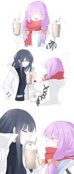 2girls absurdres arikalovesyou2 atsuko_(blue_archive) black_hair black_shirt blue_archive blue_eyes blue_hair braid closed_eyes coat commentary_request cup disposable_cup drink drinking_straw highres holding holding_drink long_hair long_sleeves multicolored_hair multiple_girls open_mouth parted_lips purple_hair red_scarf saori_(blue_archive) scarf shared_drink shirt simple_background smile streaked_hair twin_braids white_background white_coat