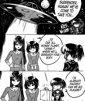 Rule 34 | 3girls, 3koma, alien, antennae, black choker, briefcase, choker, comic, corrupted twitter file, ear piercing, emo-girl (grs-), english text, greyscale, grs-, highres, holding, holding briefcase, long hair, medium hair, monochrome, moon, multiple girls, nervous sweating, no mouth, original, piercing, ponytail, short hair, short ponytail, sweat, trembling, ufo