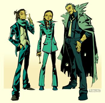 Rule 34 | 1girl, 2boys, ace attorney, ace attorney investigations, arm hair, artist name, beard, black hair, black pants, black shoes, blue pants, brown hair, bullet hole, byrne faraday, calisto yew, coat, commentary, earrings, english commentary, facial hair, freckles, hand in pocket, highres, index finger raised, jewelry, key, long sleeves, mouth hold, multiple boys, mustache, necktie, pants, scarf, seagiri, shoes, sideburns, standing, suspenders, thumb in pocket, tyrell badd, watch, wristwatch