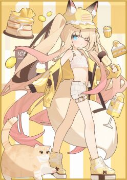 1girl animal_ears cake cake_slice cat cp2980606 food fox_ears fox_girl fox_tail fruit full_body hat highres holding holding_food holding_ice_cream ice_cream jacket lemon long_hair macaron multicolored_hair navel one_eye_closed original pancake shoes short_shorts shorts solo striped_background tail thigh_strap very_long_hair white_shorts