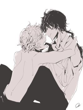 Rule 34 | 004s 4, 2boys, finger in another's mouth, genshin impact, greyscale, image sample, monochrome, multiple boys, pixiv, pixiv sample, shirtless male, tartaglia (genshin impact), white background, yaoi, zhongli (genshin impact)