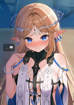 ... 1girl absurdres bare_shoulders blonde_hair blue_eyes blush breasts cartethyia_(wuthering_waves) closed_mouth commentary crown_of_thorns earrings hand_up highres jewelry long_hair looking_at_viewer multiple_earrings nose_blush parted_bangs pointy_ears sidelocks small_breasts smile solo sudachi_jelly tabard tacet_mark_(wuthering_waves) white_tabard wuthering_waves