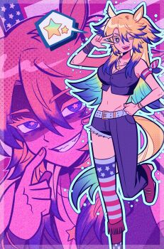 1girl absurdres american_flag american_flag_background american_flag_legwear american_flag_print animal_ears asymmetrical_pants bandana_around_arm bare_shoulders black_shirt blonde_hair blue_eyes blue_hair breasts cleavage collarbone commentary english_commentary flag_print grin highres horse_ears horse_girl horse_tail jewelry large_breasts long_hair looking_at_viewer midriff multicolored_hair navel necklace obey_your_master_(umamusume) one_eye_closed open_mouth shirt single_thighhigh sleeveless sleeveless_shirt smile speech_bubble star-shaped_pupils star_(symbol) star_necklace symbol-shaped_pupils tail teeth thighhighs two-tone_hair umamusume umamusume:_cinderella_gray w yellow_nails youareddong1134