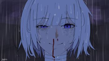 1girl absurdres bandages blood chainsaw_man cloud cloudy_sky eye_injury girls&#039;_frontline highres injury jimban looking_at_viewer meme nosebleed purple_eyes rain reze&#039;s_eye_twitch_(chainsaw_man) rpk-16_(girls&#039;_frontline) short_hair sky smile solo wet wet_hair white_hair