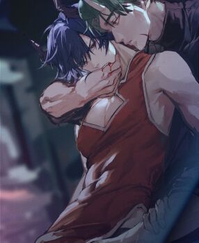 2boys arknights biting_another's_hand biting_hand blood blood_on_hands ch'en_(arknights) chinese_clothes cleavage_cutout clothing_cutout clouble covered_abs dragon_horns dragon_tail dress eye_contact facial_scar feet_out_of_frame genderswap genderswap_(ftm) green_hair hair_between_eyes hand_in_another's_mouth highres horns hoshiguma_(arknights) jitome looking_at_another male_focus multiple_boys out-of-frame_censoring pectoral_cleavage pectorals reach-around red_dress red_eyes scar scar_on_cheek scar_on_face short_hair skin-covered_horns tail thick_eyebrows yaoi