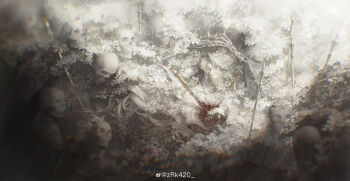 024_(1a41a4) 1boy absurdres blood brooch chromatic_aberration closed_mouth crown fate/apocrypha fate_(series) highres impaled injury jewelry long_hair male_focus outdoors pale_skin shirt skeletal_hand skeleton skull solo sword very_long_hair vlad_iii_(fate/apocrypha) weapon white_shirt