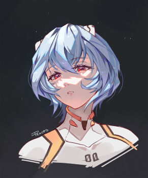 Rule 34 | 1girl, absurdres, ayanami rei, black background, blue hair, cropped torso, eyelashes, highres, interface headset (evangelion), looking to the side, mecha pilot suit, neon genesis evangelion, open mouth, partially shaded face, peaceablecolt, plugsuit (evangelion), portrait, red eyes, short hair, signature, teeth