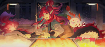 Rule 34 | 1boy, ^^^, absurdres, arknights, basket, birchboat, black horns, chinese commentary, commentary request, dragon bean (arknights), grey eyes, grey horns, hair intakes, haori, highres, horns, japanese clothes, long hair, long sleeves, male focus, nian (arknights), notice lines, official alternate costume, open mouth, pointy ears, purple hair, red hair, shirt, solo, tail, white shirt, yu (arknights), yu (clear morning view) (arknights)