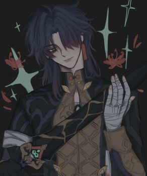 1boy absurdres bandaged_arm bandaged_hand bandages bandages_over_clothes black_background black_gloves black_jacket blade_(honkai:_star_rail) blue_hair button_gap collared_jacket collared_shirt commentary dakotchi earrings english_commentary fingernails flower gloves gradient_hair grin hair_over_one_eye hand_up highres holding holding_sword holding_weapon honkai:_star_rail honkai_(series) jacket jewelry lips long_hair male_focus mandarin_collar mismatched_earrings multicolored_hair one_eye_covered open_clothes open_jacket parted_lips red_eyes red_flower shirt smile solo sparkle spider_lily static sword upper_body weapon yellow_shirt