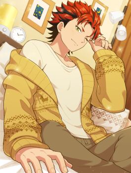 1boy aopanda black_hair brown_pants cardigan clock closed_mouth commentary_request ensemble_stars! fingernails green_eyes hand_up kiryu_kuro lamp layered_clothes long_sleeves looking_at_viewer male_focus multicolored_hair one_eye_closed open_cardigan open_clothes pants picture_frame red_hair shirt short_hair smile solo split_mouth streaked_hair two-tone_hair yellow_shirt