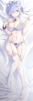 1girl armband armpit_crease black_scrunchie blue_bra blue_eyes blue_hair blue_nails blue_panties bow bow_bra bow_panties bra breasts cleavage collarbone detached_collar feet frills full_body garter_straps gluteal_fold groin hair_ornament hair_over_one_eye hair_ribbon hands_up highres hip_bones kirin_13 knees_together_feet_apart lace lace-trimmed_bra lace-trimmed_thighhighs lace_trim large_breasts lingerie looking_at_viewer lying maid_headdress midriff nail_polish narrow_waist navel on_back panties parted_lips re:zero_kara_hajimeru_isekai_seikatsu rem_(re:zero) ribbon scrunchie short_hair slight_blush solo stomach strap_slip tareme thighhighs thighs underwear underwear_only white_thighhighs wide_hips wrist_scrunchie x_hair_ornament