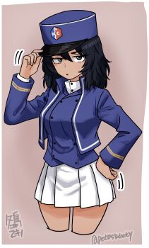 Rule 34 | 1girl, adjusting clothes, adjusting headwear, andou (girls und panzer), artist name, bc freedom (emblem), bc freedom military uniform, black eyes, black hair, blue hat, blue jacket, blue vest, commentary, cowboy shot, cropped legs, dark-skinned female, dark skin, dress shirt, emblem, frown, girls und panzer, grey background, half-closed eyes, hand on own hip, hat, high collar, highres, jacket, kepi, long sleeves, looking at viewer, medium hair, messy hair, military hat, military uniform, miniskirt, motion lines, open mouth, pino sweet, pleated skirt, shirt, signature, skirt, solo, standing, twitter username, vest, white shirt, white skirt