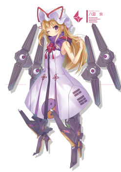 Rule 34 | 1girl, adapted costume, bare shoulders, blonde hair, blush, closed mouth, dress, full body, hand up, hat, long hair, looking at viewer, mechanical boots, mob cap, one eye closed, purple dress, purple eyes, sleeveless, sleeveless dress, smile, solo, tendou kaoru, touhou, turtleneck, turtleneck dress, two-tone dress, white background, white dress, yakumo yukari