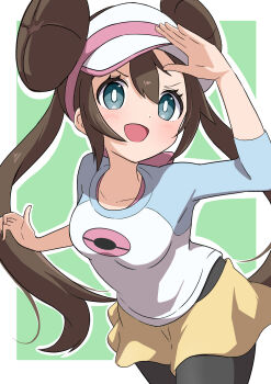 1girl :d absurdres arm_up black_leggings blue_eyes blush breasts brown_hair double_bun hair_bun highres leggings leggings_under_shorts long_hair medium_breasts nintendo open_mouth pokemon pokemon_bw2 print_shirt raglan_sleeves rono_(lethys) rosa_(pokemon) shirt shorts smile solo twintails v-shaped_eyebrows very_long_hair visor_cap yellow_shorts