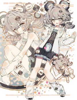 1girl ahoge animal_ears artist_name back_bow blush bow brown_eyes brown_hair chibi chibi_inset commission cookie_hair_ornament dessert detached_sleeves dress eyelashes food food-themed_hair_ornament frills hair_between_eyes hair_intakes hair_ornament highres jacket large_bow leg_warmers looking_at_viewer medium_hair mihuashi_commission multiple_views open_mouth original sidelocks tears twuos watermark white_bow white_leg_warmers