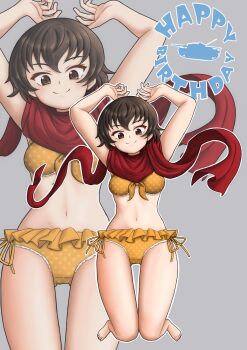 1girl absurdres amanone_yun bikini blush breasts brown_eyes brown_hair caesar_(girls_und_panzer) closed_mouth commentary_request girls_und_panzer grey_background highres looking_at_viewer medium_breasts multiple_views navel polka_dot polka_dot_bikini red_scarf scarf short_hair side-tie_bikini_bottom simple_background smile swimsuit yellow_bikini