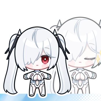 1girl :3 bodysuit breasts chibi cinderella_(nikke) cleavage cleavage_cutout closed_eyes clothing_cutout commentary deformed goddess_of_victory:_nikke hair_over_one_eye long_hair looking_at_viewer momori_sensei navel navel_cutout outline red_eyes simple_background solo sparkle star_(symbol) t-pose thigh_cutout twintails very_long_hair white_background white_hair white_outline zoom_layer