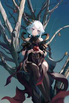 1girl absurdres apple bare_shoulders black_dress black_shoes black_thighhighs blue_eyes brown_nails closed_mouth commentary dated dress facial_mark feet_out_of_frame fingernails food fruit head_tilt highres holding holding_food holding_fruit jiaowohuangdaoa legs legs_together making-of_available nail_polish original shoes short_hair sidelocks sleeveless sleeveless_dress solo thighhighs thighs torn_clothes torn_thighhighs white_hair wide_hips