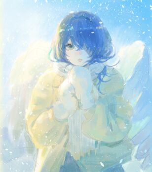 Rule 34 | 1girl, absurdres, angel wings, black hair, brown eyes, chinese commentary, coat, commentary request, crossed bangs, feathered wings, hair intakes, hair over one eye, hecate (path to nowhere), highres, long sleeves, looking at viewer, luori dianxin, mittens, one eye covered, parted lips, path to nowhere, puffy long sleeves, puffy sleeves, red lips, scarf, snowing, solo, upper body, white mittens, white scarf, white wings, wings, yellow coat