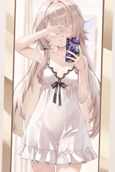 1girl absurdres alternate_costume babydoll bare_arms bare_shoulders black_ribbon breasts brown_hair cellphone closed_mouth collarbone covered_groin covering_own_eyes cowboy_shot empire_waist facing_viewer fingernails frilled_babydoll frills hair_flaps hair_intakes hair_ornament hairclip herta_(honkai:_star_rail) highres holding holding_phone honkai:_star_rail honkai_(series) kianata lace-trimmed_babydoll lace_trim light_blush long_hair mirror mirror_selfie nail_polish palms parallel_hairclips petite phone purple_nails reflection reflection_focus ribbon selfie small_breasts smartphone smartphone_case smile solo standing straight_hair the_herta_(honkai:_star_rail) very_long_hair white_babydoll