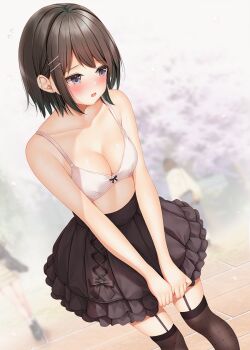 Rule 34 | 1girl, black garter straps, black hair, black skirt, black thighhighs, blush, bow, bow bra, bra, breasts, commentary request, day, dutch angle, exhibitionism, feet out of frame, fishnet thighhighs, fishnets, frilled skirt, frills, garter straps, grey eyes, hair ornament, highres, large breasts, large variant set, minato ojitan, miniskirt, no shirt, open mouth, original, outdoors, pleated skirt, public indecency, raised inner eyebrows, short hair, skirt, solo, standing, thighhighs, underwear, variant set, white bra, x hair ornament, zettai ryouiki