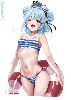1girl ;d animal animal_on_head bare_arms bare_shoulders bikini blue_hair blush breasts brown_eyes collarbone commentary_request cropped_legs double_bun ebifurya fang groin hair_bun hair_ornament hat highres innertube kantai_collection looking_at_viewer mini_hat navel on_head one_eye_closed open_mouth samuel_b._roberts_(kancolle) simple_background small_breasts smile solo star_(symbol) star_hair_ornament striped_bikini striped_clothes sunglasses swim_ring swimsuit tilted_headwear transparent twitter_username whale white_background white_hat