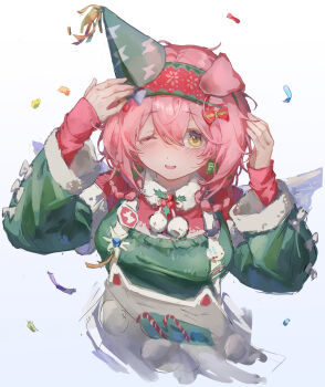 1girl animal_ears apron arknights arms_up birthday blush bow braid braided_hair_rings breasts cat_ears cat_girl commentary confetti english_commentary goldenglow_(arknights) goldenglow_(maiden_for_the_bright_night)_(arknights) green_bow green_hat green_sweater hair_bow hair_rings hairband hat highres holly layered_sleeves lightning_bolt_symbol long_hair long_sleeves looking_at_viewer medium_breasts mumu_millhayes official_alternate_costume one_eye_closed open_mouth party_hat pink_hair red_bow red_hairband red_shirt shirt simple_background smile solo sweater upper_body white_apron white_background yellow_eyes