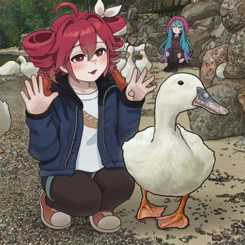 alternate_costume anchannnnnn aqua_hair bird blue_jacket drill_hair duck hair_ribbon hands_up hat hatsune_miku highres jacket kasane_teto knees_up long_hair long_sleeves open_clothes open_jacket outdoors pantyhose pink_hat red_eyes red_hair ribbon rock shirt shoes shorts sitting sneakers squatting twin_drills utau vocaloid white_shirt zipper