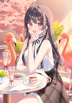 1girl :d absurdres arms_on_table artist_name bird black_hair bow bow_earrings cake cake_slice center_frills choppy_bangs commentary cowboy_shot day drink earrings elbow_rest english_commentary flamingo food frilled_shirt frilled_shirt_collar frills glass grey_skirt hair_ornament hair_over_shoulder hand_up heart heart_hair_ornament highres jewelry long_hair looking_at_viewer open_mouth original outdoors pink_eyes plaid_clothes plaid_skirt plate shiino_sera shirt shirt_tucked_in sitting skirt sleeveless sleeveless_shirt smile solo straight_hair table twitter_username white_shirt