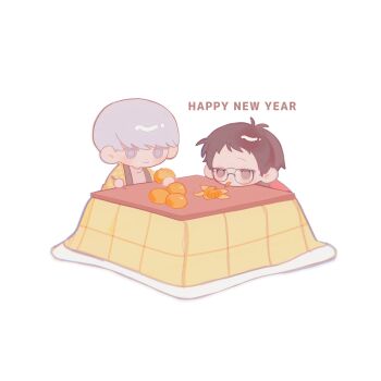 2boys adachi_tooru brown_hair closed_mouth commentary_request english_text food food_in_mouth fruit glasses grey_eyes grey_hair happy_new_year highres holding holding_food holding_fruit holding_orange kamin_021 kotatsu male_focus multiple_boys narukami_yu new_year orange_(fruit) orange_slice persona persona_4 short_hair simple_background table white_background