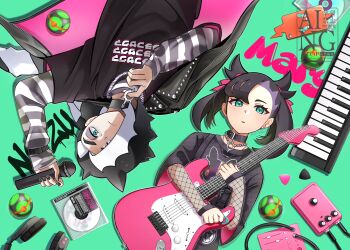 1boy 1girl absurdres alternate_costume asymmetrical_bangs black_collar black_hair black_nails black_shirt brother_and_sister character_name collar commentary_request dusk_ball earrings electric_guitar eyelashes from_above gen_4_pokemon green_background green_eyes guitar headphones highres holding holding_guitar holding_instrument holding_microphone instrument jewelry keyboard_(instrument) lying marnie_(pokemon) medium_hair microphone nail_polish nintendo on_back piers_(pokemon) poke_ball pokemon pokemon_swsh print_shirt rotom rotom_phone shiba_(tonari_no_shiba_inu) shirt siblings undershirt