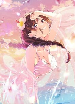 1girl bikini braid breasts brown_hair cleavage commentary cowboy_shot english_commentary flower grin hair_flower hair_ornament highres kanojo_okarishimasu large_breasts leaning_forward long_hair looking_at_viewer mizuhara_chizuru official_art pink_sky sky smile solo swimsuit third-party_source twin_braids white_bikini white_flower