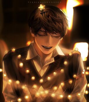 1boy :d aegyo_sal black_hair blackbox_(blackbox9158) character_request check_character christmas_lights closed_eyes collared_shirt entangled grin hair_ornament head_tilt kim_dokja male_focus oldest_dream omniscient_reader&#039;s_viewpoint open_mouth shirt short_hair smile solo star_(symbol) star_hair_ornament third-party_source upper_body variant_set white_shirt