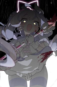 1girl absurdres ahoge blood blood_on_clothes blood_on_face bloody_weapon blue_archive blue_eyes blue_hair blush bow cowboy_shot dress frilled_dress frills from_below gloves halo highres holding holding_weapon long_hair looking_at_viewer magical_girl multicolored_hair open_mouth pink_hair pink_halo puffy_short_sleeves puffy_sleeves purple_hair rain reisa_(blue_archive) reisa_(magical)_(blue_archive) short_sleeves smile solo star-shaped_pupils star_(symbol) star_halo streaked_hair striped_clothes striped_thighhighs symbol-shaped_pupils thighhighs twintails very_long_hair weapon white_dress white_gloves wqooon