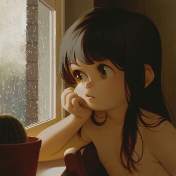 1girl alkemanubis black_hair brown_eyes cactus chair elbow_rest facing_viewer from_inside hair_censor head_on_hand highres loli long_hair looking_to_the_side original plant potted_plant rain topless_female window